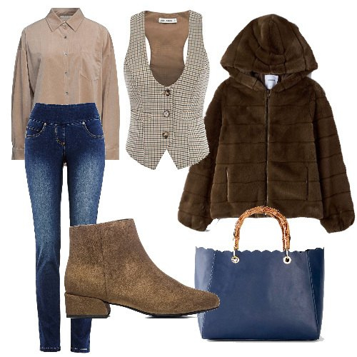 Outfit donna - In ufficio il venerdì. Stile Casual per Ufficio. Abbinamento con jeans, borse a mano, camicie, ecopellicce, stivaletti, blazer.