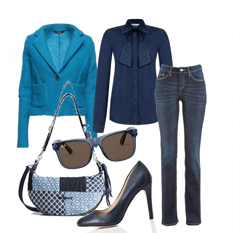 Outfit donna - Un mare di blu. Stile Trendy per Tutti i giorni. Abbinamento con jeans dritti, blazer, camicie, scarpe col tacco, occhiali da sole, borse a tracolla.