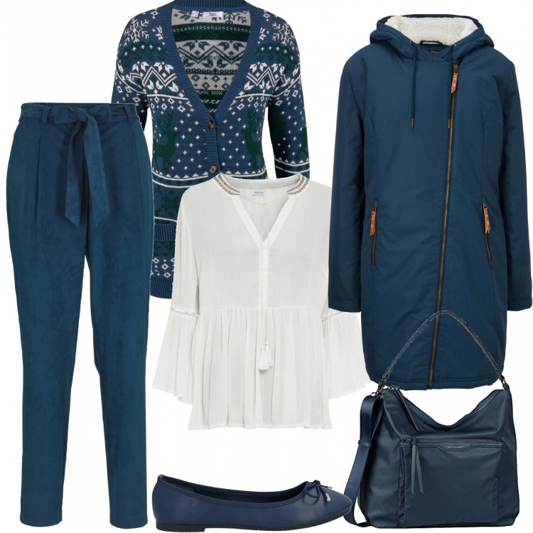 Outfit donna - Commissioni di lavoro. Stile Casual per Ufficio. Abbinamento con cappotti, pantaloni, cardigans, tuniche, ballerine, borse a spalla.