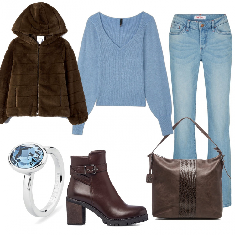 Outfit donna - Total look #1269896. Stile Casual chic per Scuola/Università. Abbinamento con jeans bootcut, ecopellicce, pullovers, anelli, stivaletti, borse a spalla.