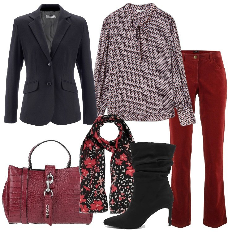 Outfit donna - Sabato con le amiche. Stile Casual chic per Tutti i giorni. Abbinamento con pantaloni, blazer, borse a mano, sciarpe, bluse, stivali.