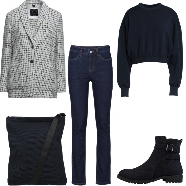 Outfit donna - Vado all\'università presto. Stile Mannish per Scuola/Università. Abbinamento con jeans, blazer, borse a tracolla, felpe, stivaletti.