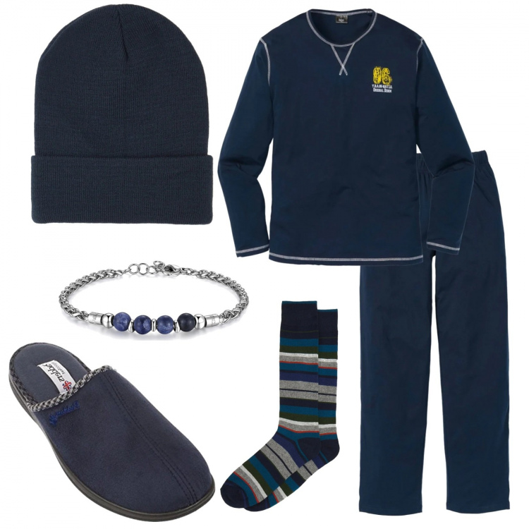 Outfit uomo - Finalmente domenica. Stile Casual per Tutti i giorni. Abbinamento con abbigliamento da notte, calzini, berretti, braccialetti, scarpe stringate.