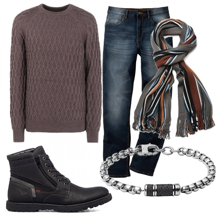 Outfit uomo - Il maglione lavorato. Stile Casual per Tutti i giorni. Abbinamento con jeans dritti, pullovers, stivali e stivaletti, sciarpe, braccialetti.