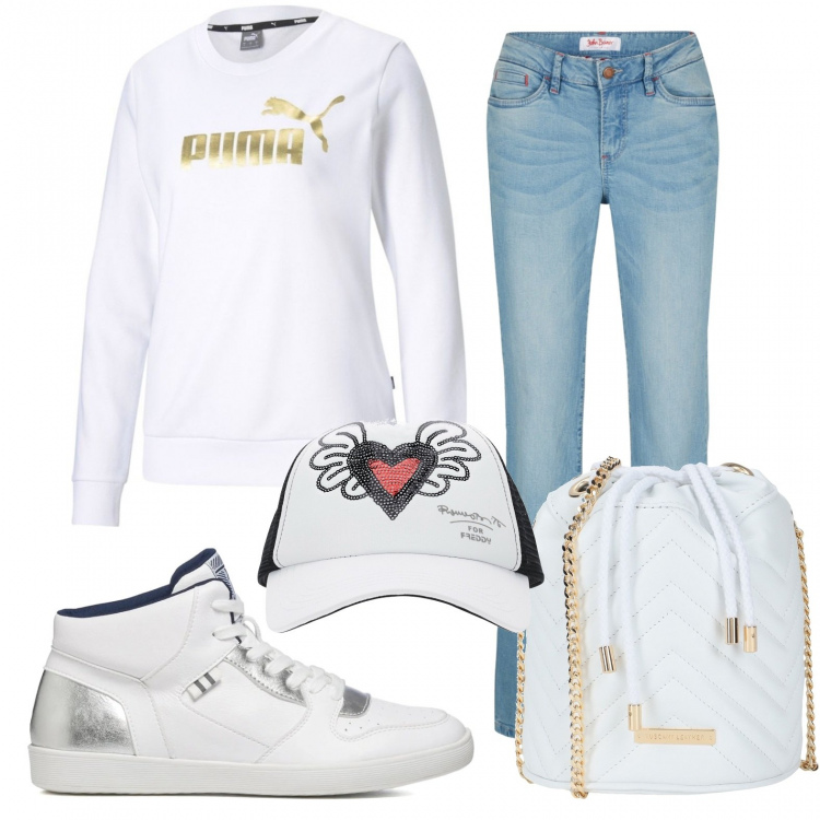 Outfit donna - Total look #1270543. Stile Sporty chic per Scuola/Università. Abbinamento con jeans bootcut, borse a tracolla, cappelli con visiera, felpe, sneakers alte.