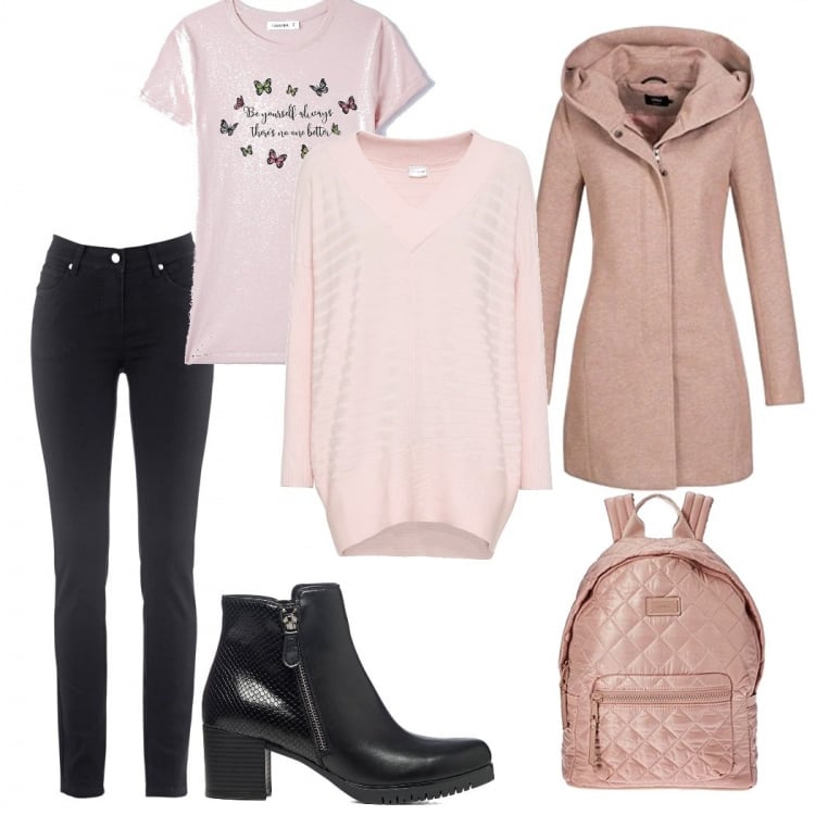 Outfit donna - Fa ancora freddo!. Stile Casual chic per Ufficio. Abbinamento con jeans dritti, maglieria, t-shirt, stivaletti, cappotti, zaini.