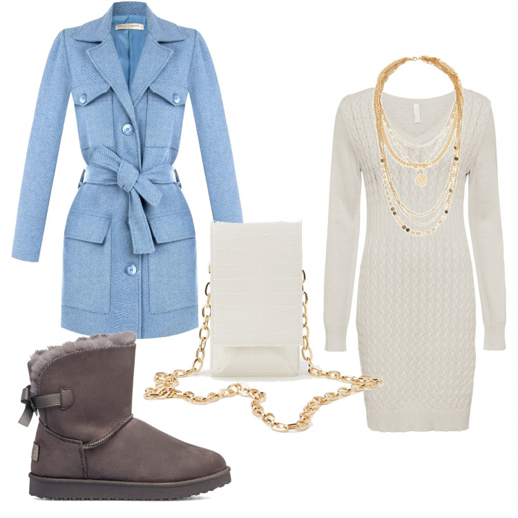 Outfit donna - Super look. Stile Casual chic per Tutti i giorni. Abbinamento con vestiti, ciondoli, cappotti, pochette, anfibi.