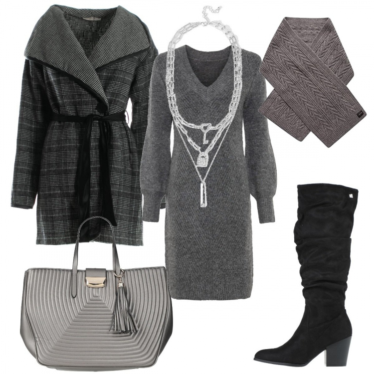 Outfit donna - Elegante in grigio. Stile Chic per Serata fuori. Abbinamento con vestiti, borse a mano, stivali, cappotti, collane, sciarpe.