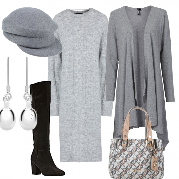 Outfit donna - In città. Stile Casual chic per Tutti i giorni. Abbinamento con borse a mano, vestiti corti, cappelli, cardigans, stivali, orecchini.