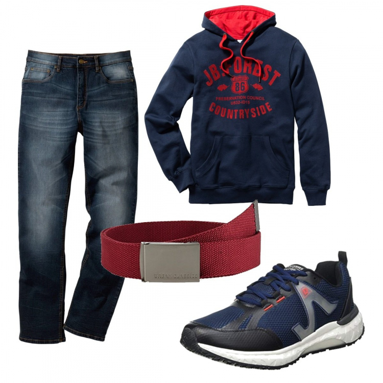 Outfit uomo - Blu e rosso. Stile Casual per Tutti i giorni. Abbinamento con jeans dritti, felpe con cappuccio, sneakers, cinture.