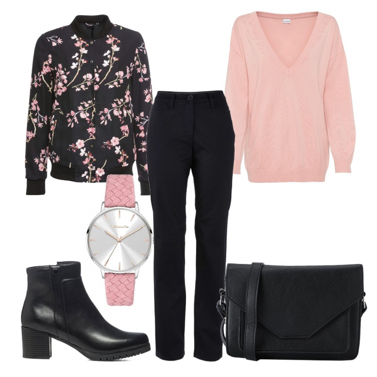 Outfit donna - Fiori in febbraio-Focus donna. Stile Trendy per Scuola/Università. look ideale per Petite. Abbinamento con bomber, maglieria, pantaloni, borse a tracolla, stivaletti, orologi.