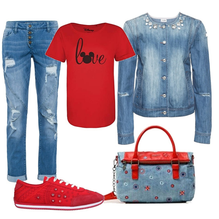 Outfit donna - Buon san Valentino. Stile Casual per Tutti i giorni. Abbinamento con jeans boyfriend, giacche, sneakers, borse a mano, t-shirt.
