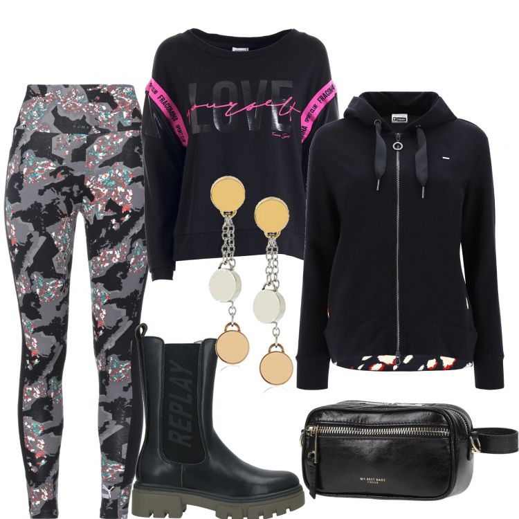 Outfit donna - Tempo libero. Stile Sporty chic per Tutti i giorni. Abbinamento con stivaletti, leggings, marsupi, felpe con cappuccio, felpe, orecchini.