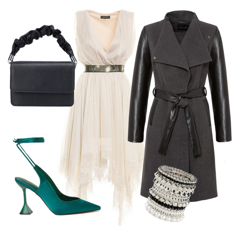 Outfit donna - Colore. Stile Glamour per Serata fuori. Abbinamento con braccialetti, cappotti, borse a mano, vestiti asimmetrici, décolleté.