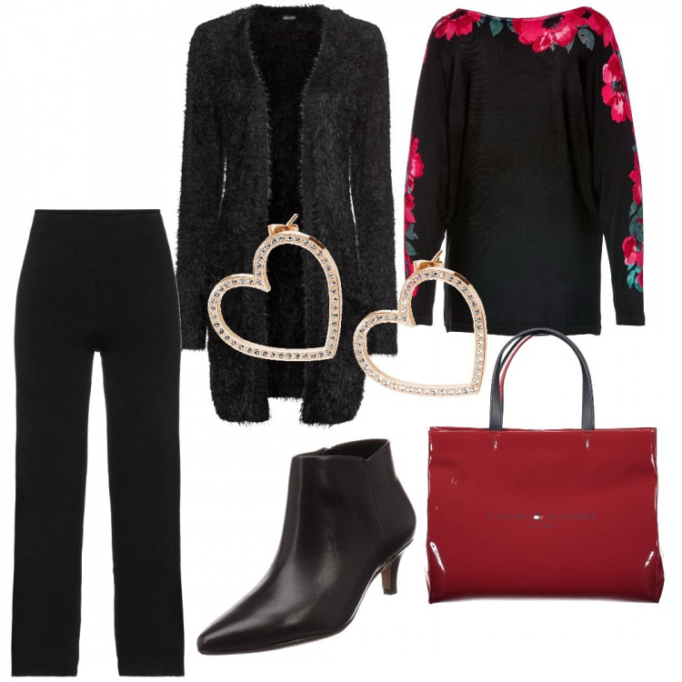 Outfit donna - Curvy Love. Stile Casual chic per Ufficio. Abbinamento con cardigans, maglieria, pantaloni, orecchini, scarpe col tacco, borse a spalla.