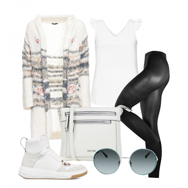 Outfit donna - Accompagno Samuele a scuola. Stile Basic per Tutti i giorni. Abbinamento con top, borse a tracolla, cardigans, sneakers alte, leggings, occhiali da sole.