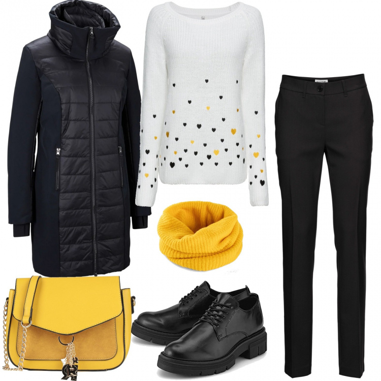 Outfit donna - Piccoli cuori sul pull. Stile Romantica per Ufficio. Abbinamento con pantaloni, maglieria, blazer, foulard, borse a tracolla, scarpe stringate.