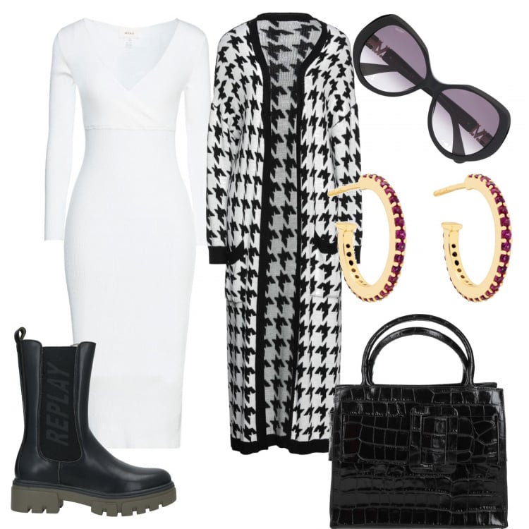 Outfit donna - In città. Stile Urban per Tutti i giorni. Abbinamento con stivaletti, cardigans, vestiti midi/longuette, orecchini, borse a mano, occhiali da sole.