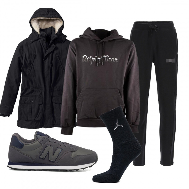 Outfit uomo - Total look #1272420. Stile Casual per Tutti i giorni. Abbinamento con parka, felpe con cappuccio, pantaloni, sneakers, calzini.