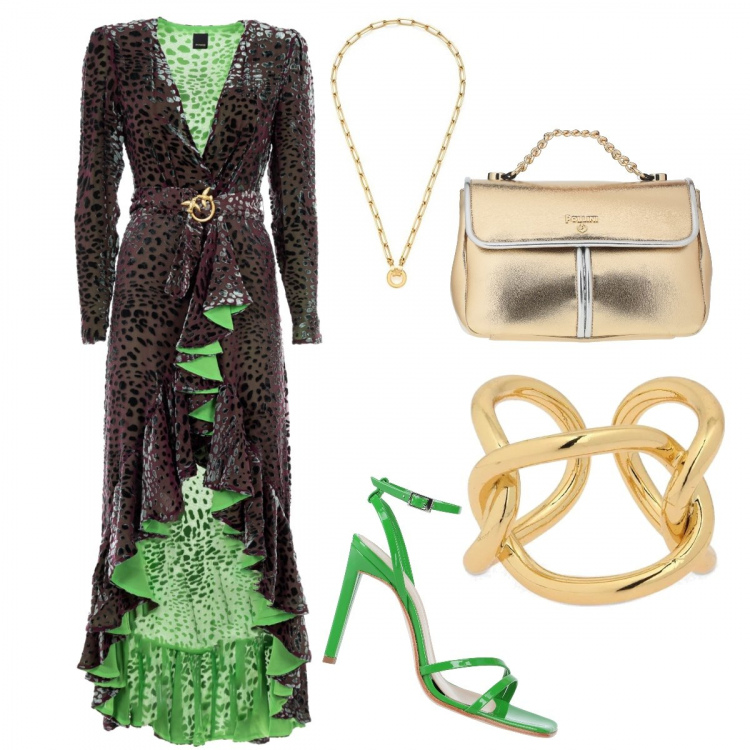 Outfit donna - Un aperitivo in vacanza. Stile Glamour per Serata fuori. Abbinamento con borse a mano, sandali in pelle, vestiti lunghi, anelli, ciondoli.