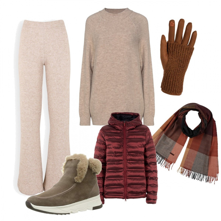 Outfit donna - Una passeggiata in montagna. Stile Urban per Tutti i giorni. Abbinamento con sciarpe, pullovers, piumini, guanti, pantaloni a palazzo, stivali da neve.