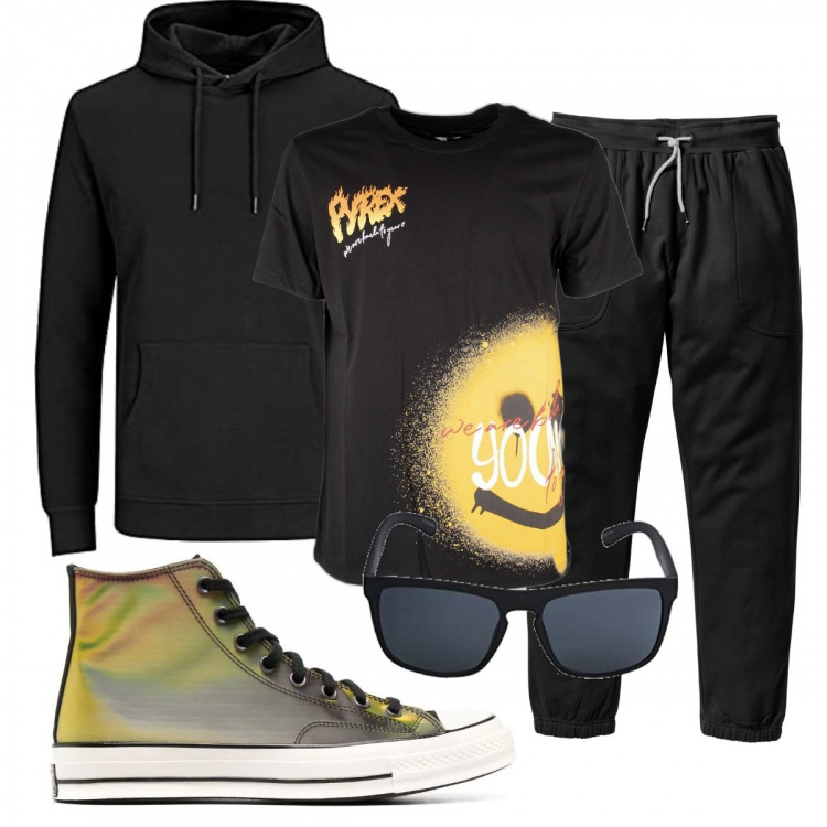 Outfit uomo - Total look #1272482. Stile Trendy per Tutti i giorni. Abbinamento con pantaloni sportivi, t-shirt, sneakers alte, occhiali da sole, felpe con cappuccio.