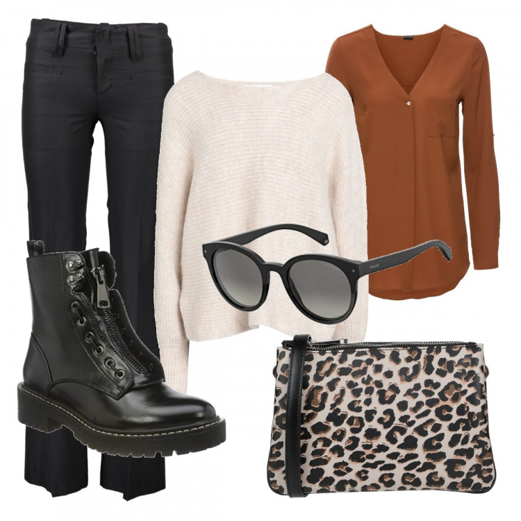 Outfit donna - Mezza giornata di ferie. Stile Urban per Tutti i giorni. Abbinamento con camicie, pullovers, borse a tracolla, stivali sopra il ginocchio, pantaloni, occhiali da sole.