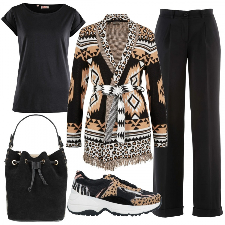 Outfit donna - Dettagli Animalier. Stile Trendy per Tutti i giorni. Abbinamento con pantaloni, cardigans, maglieria, sneakers, borse a mano.
