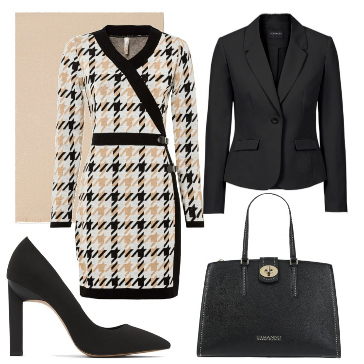 Outfit donna - In ufficio. Stile Chic per Ufficio. Abbinamento con borse a mano, blazer, vestiti, sciarpe, décolleté.