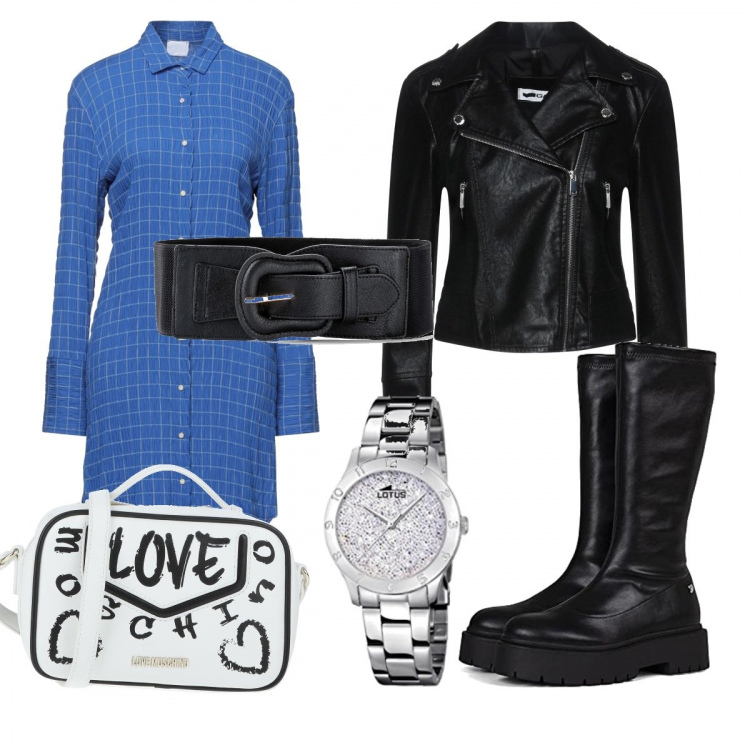 Outfit donna - In città. Stile Urban per Tutti i giorni. Abbinamento con cinture, vestiti corti, giacche, borse a tracolla, mocassini, orologi analogici.