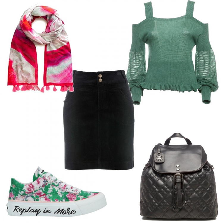 Outfit donna - Zainetto sporty- chic. Stile Sporty chic per Tutti i giorni. Abbinamento con gonne lunghe, sneakers, maglieria, zaini, sciarpe.