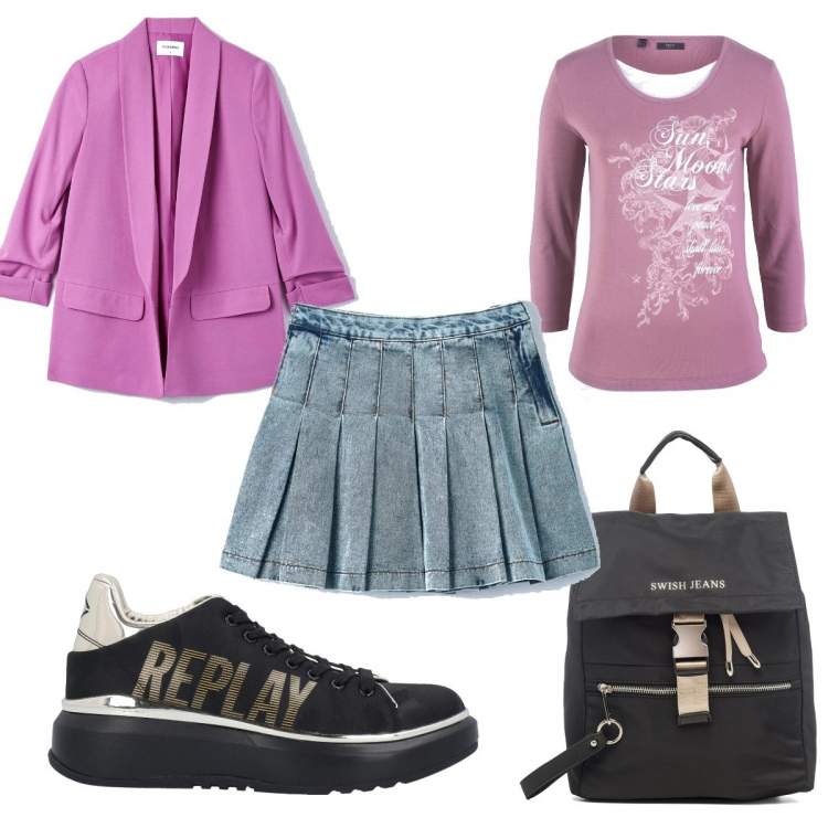 Outfit donna - Gonna a pieghe sporty- chic. Stile Sporty chic per Tutti i giorni. Abbinamento con maglieria, sneakers, minigonne, blazer, zaini.