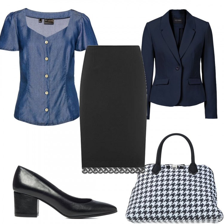 Outfit donna - Trendy in ufficio. Stile Trendy per Ufficio. Abbinamento con blazer, camicie, borse a mano, décolleté, gonne longuette.
