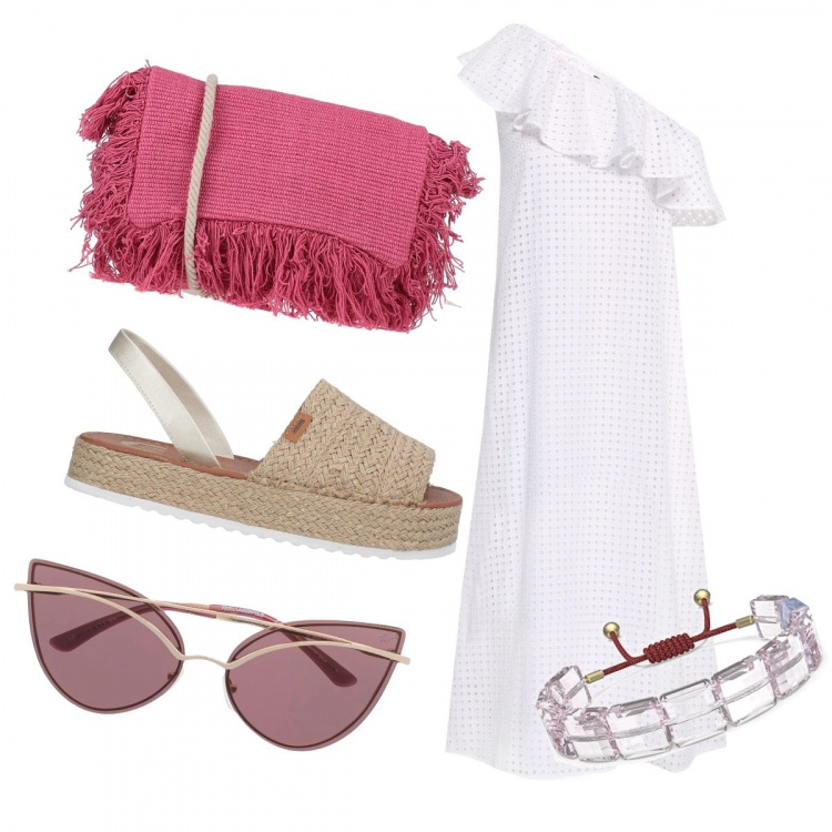 Outfit donna - Un pranzo in compagnia. Stile Minimal per Mare. Abbinamento con vestiti midi/longuette, espadrillas, borse a tracolla, occhiali da sole, braccialetti.