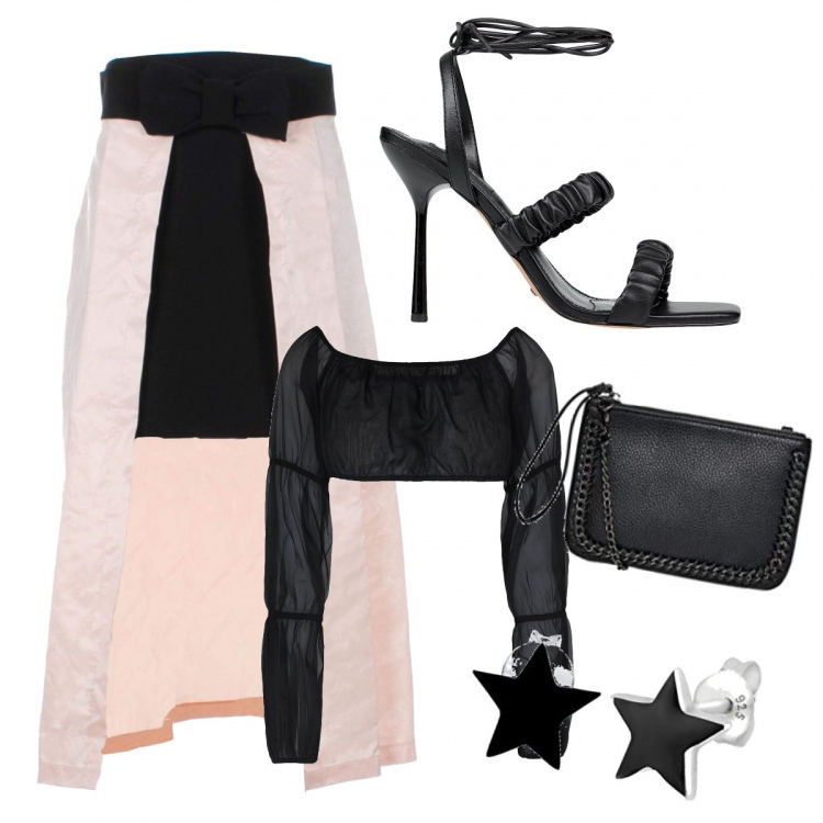 Outfit donna - Una serata improvvisata. Stile Glamour per Serata fuori. Abbinamento con bluse, sandali col tacco, gonne lunghe, clutch, orecchini.