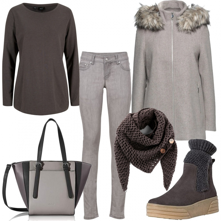 Outfit donna - Mai senza foulard. Stile Casual chic per Ufficio. Abbinamento con jeans skinny, maglieria, sciarpe, cappotti, stivaletti, shopping bag.