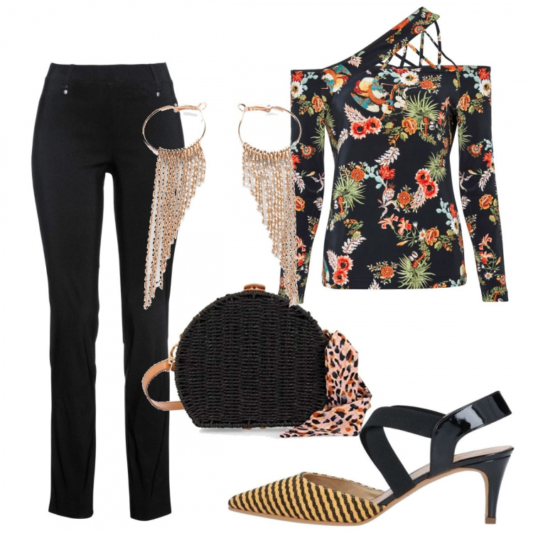 Outfit donna - Profumo di estate. Stile Glamour per Serata fuori. Abbinamento con pantaloni, maglieria, orecchini, décolleté, borse a tracolla.