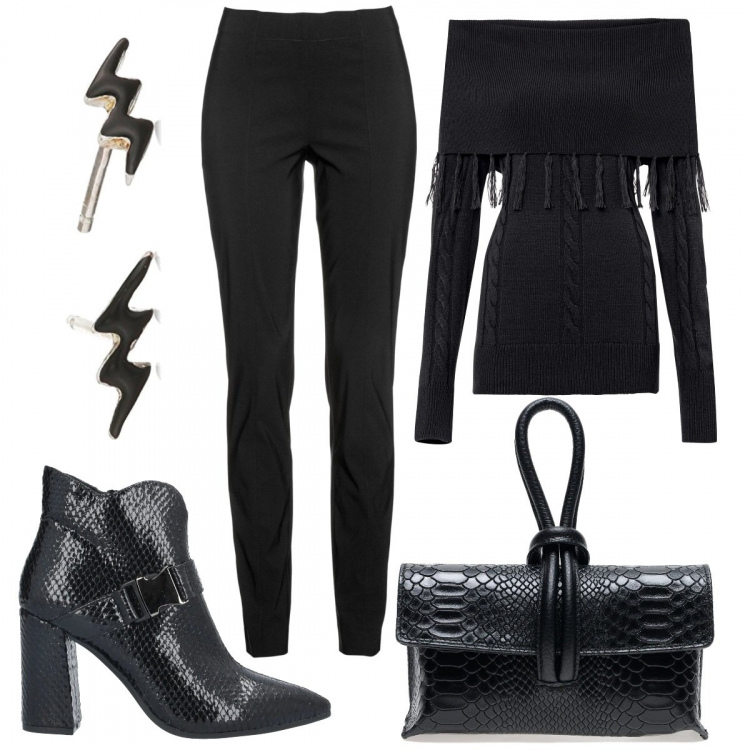 Outfit donna - Serata Rock. Stile Rock per Serata fuori. Abbinamento con pantaloni, maglieria, borse a mano, stivaletti, orecchini.