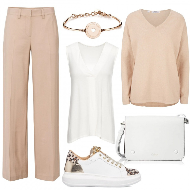 Outfit donna - Un giro in centro. Stile Basic per Tutti i giorni. Abbinamento con top, pantaloni, maglieria, braccialetti, sneakers, borse a tracolla.