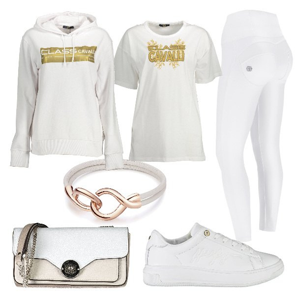 Outfit donna - Total look #1273106. Stile Casual per Tutti i giorni. Abbinamento con braccialetti, pantaloni skinny, sneakers, t-shirt, felpe con cappuccio, borse a tracolla.