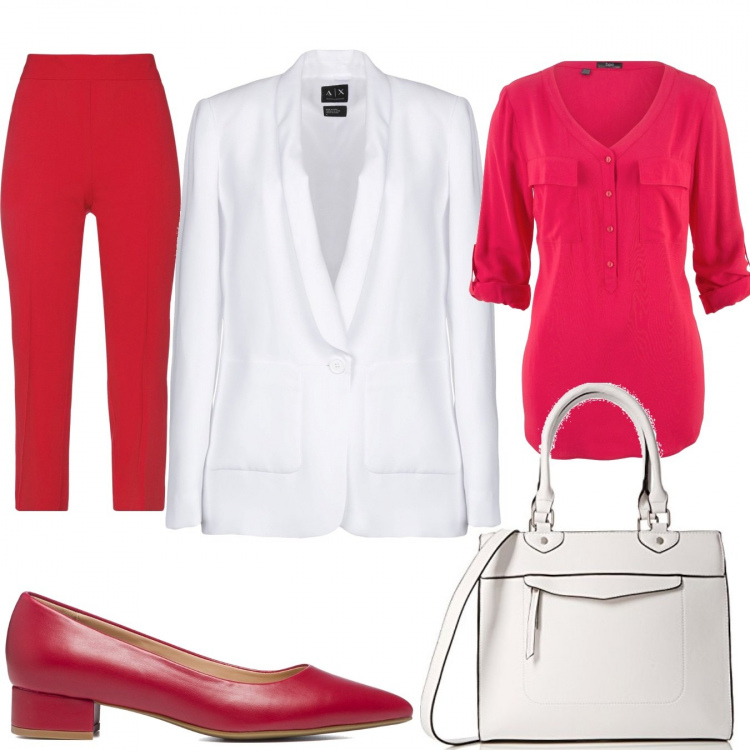 Outfit donna - Total look #1273228. Stile Chic per Ufficio. Abbinamento con bluse, blazer, pantaloni capri, décolleté, borse a mano.
