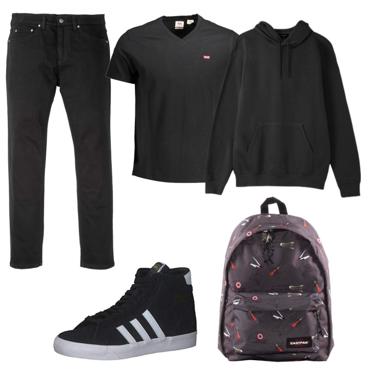 Outfit uomo - Oggi in facoltà. Stile Urban per Tutti i giorni. Abbinamento con jeans slim fit, borse sportive, felpe con cappuccio, sneakers, t-shirt.