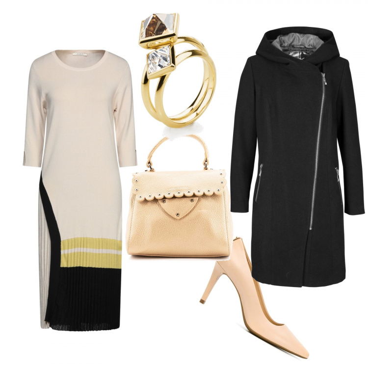Outfit donna - Bon Ton #1301. Stile Bon Ton per Serata fuori. Abbinamento con blazer, vestiti midi/longuette, borse a mano, anelli, décolleté.
