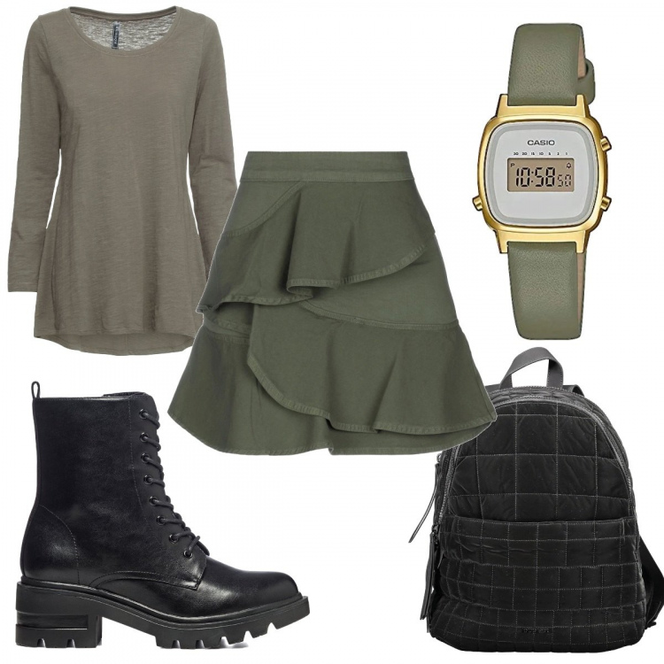 Outfit donna - Military e trendy. Stile Military per Tutti i giorni. Abbinamento con minigonne, maglieria, anfibi, orologi digitali, zaini.