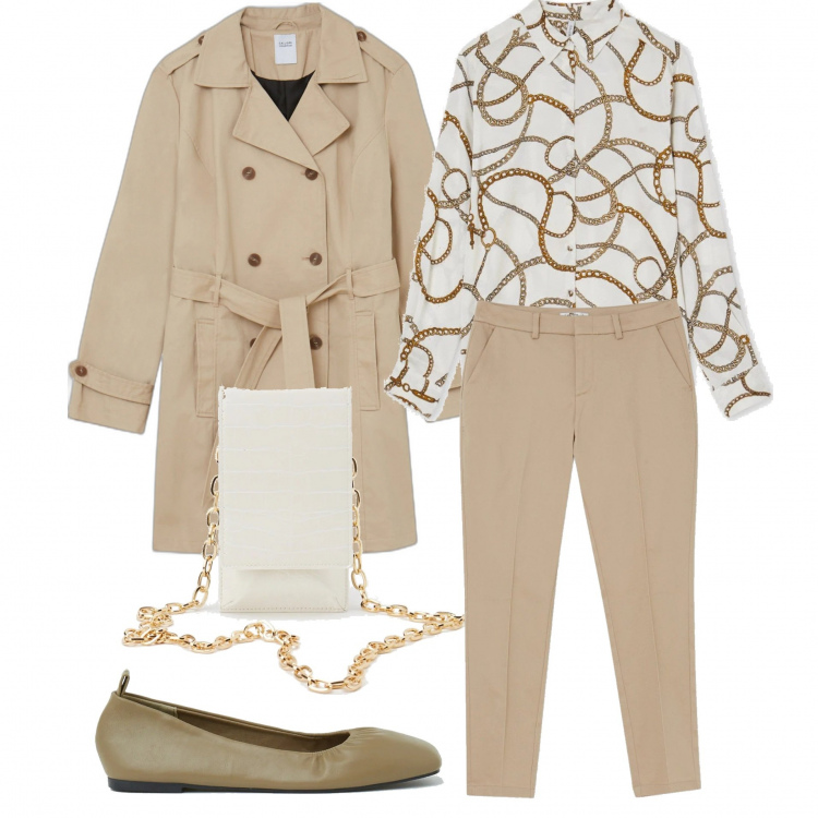 Outfit donna - Casual chic #3701. Stile Casual chic per Tutti i giorni. Abbinamento con camicie, pantaloni, trench, pochette, ballerine.