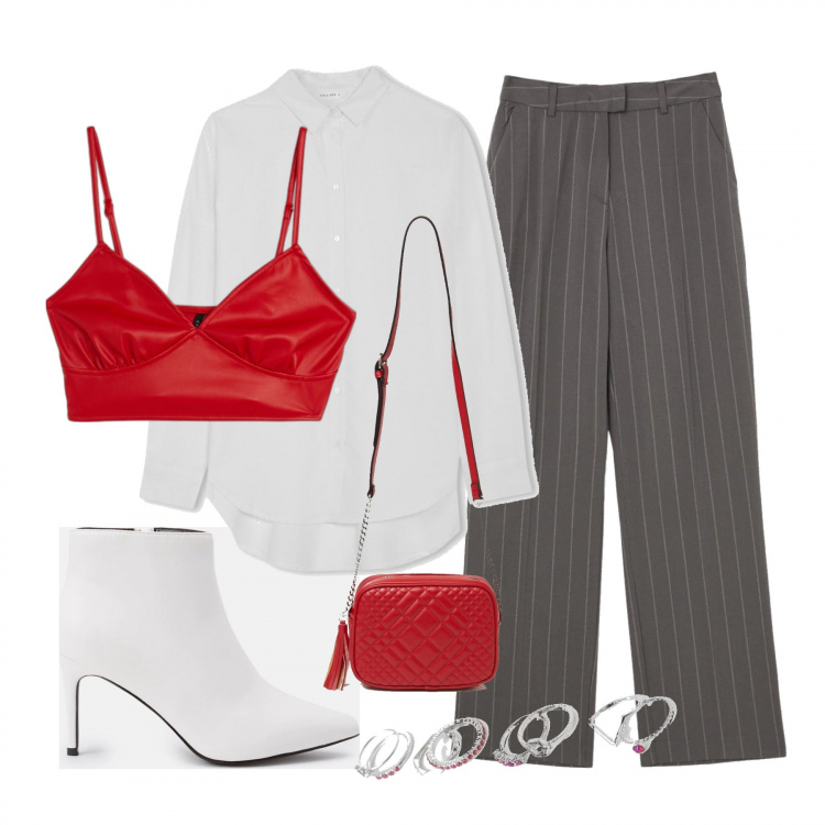 Outfit donna - Audace. Stile Urban per Tutti i giorni. Abbinamento con pantaloni a palazzo, camicie, stivaletti, top, borse a tracolla, anelli.