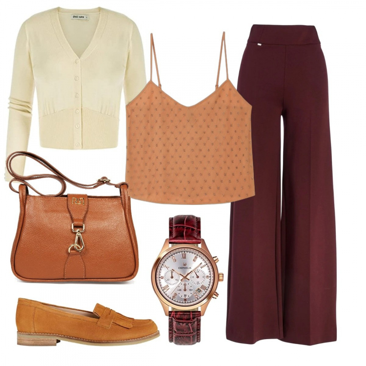 Outfit donna - Non vedo l\'ora!. Stile Casual chic per Serata fuori. Abbinamento con borse a spalla, pantaloni, top, cardigans, mocassini, orologi.