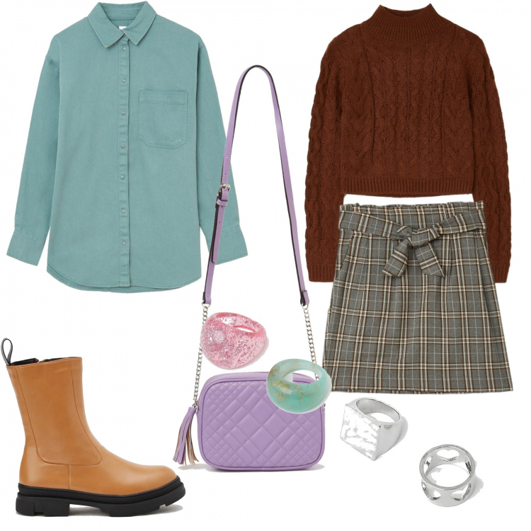 Outfit donna - Terranova e calliope. Stile Preppy per Scuola/Università. Abbinamento con minigonne, stivaletti, cappotti, maglieria, anelli, borse a tracolla.