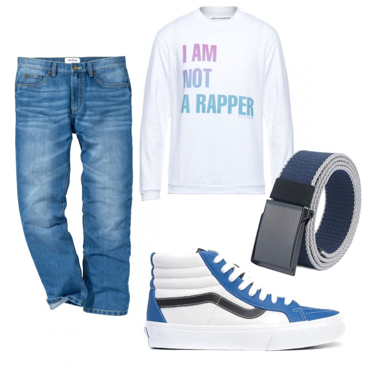 Outfit uomo - Trendy #1526. Stile Trendy per Tutti i giorni. Abbinamento con jeans dritti, felpe, sneakers, cinture.