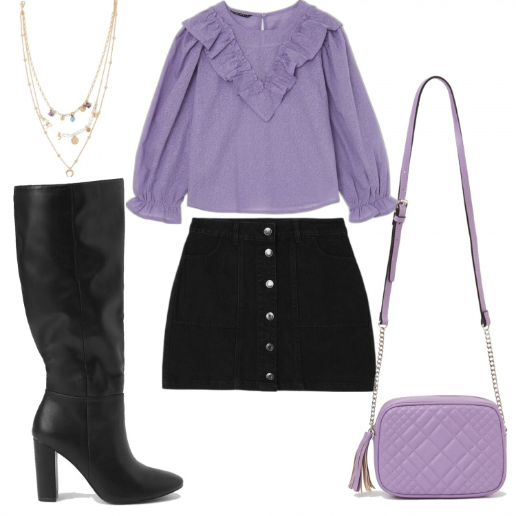 Outfit donna - Total look #1274158. Stile Casual chic per Tutti i giorni. Abbinamento con stivali, minigonne, borse a tracolla, camicie, ciondoli.